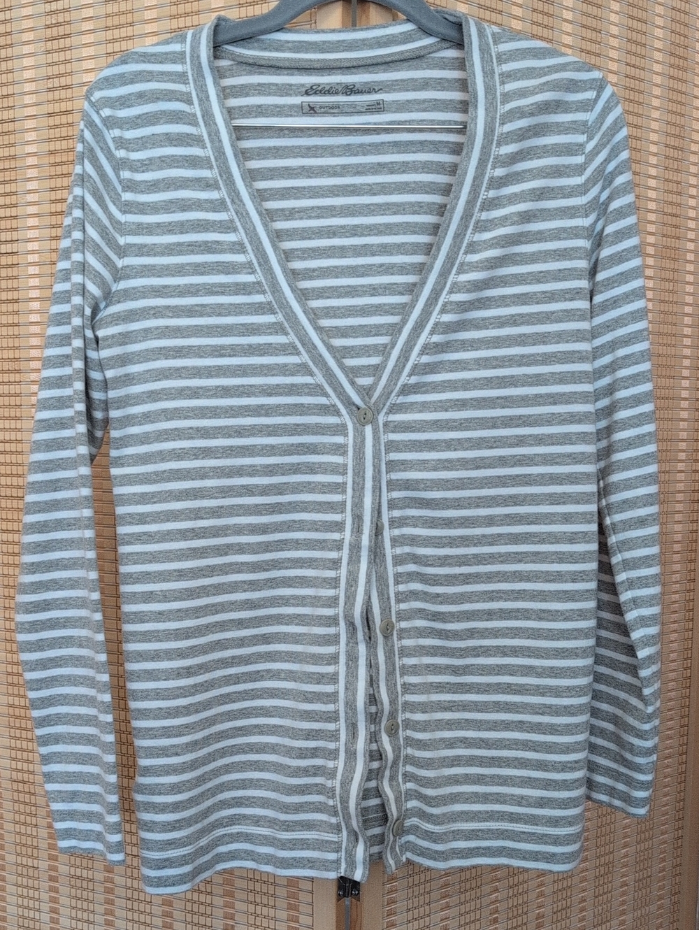 Eddie Bauer Gray and White Striped V‑Neck Button Cardigan